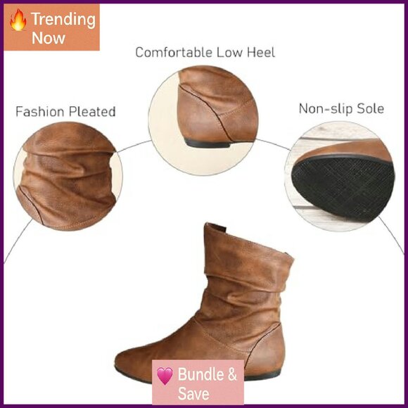 Leather Slouchy Flat Ankle Boots Comfortable Pull On Booties Low Heel - Picture 5 of 8